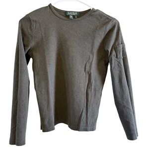 Ralph Lauren Petite Small Tee Baby Sleeve Pocket Heather Olive Green 100% Cotton